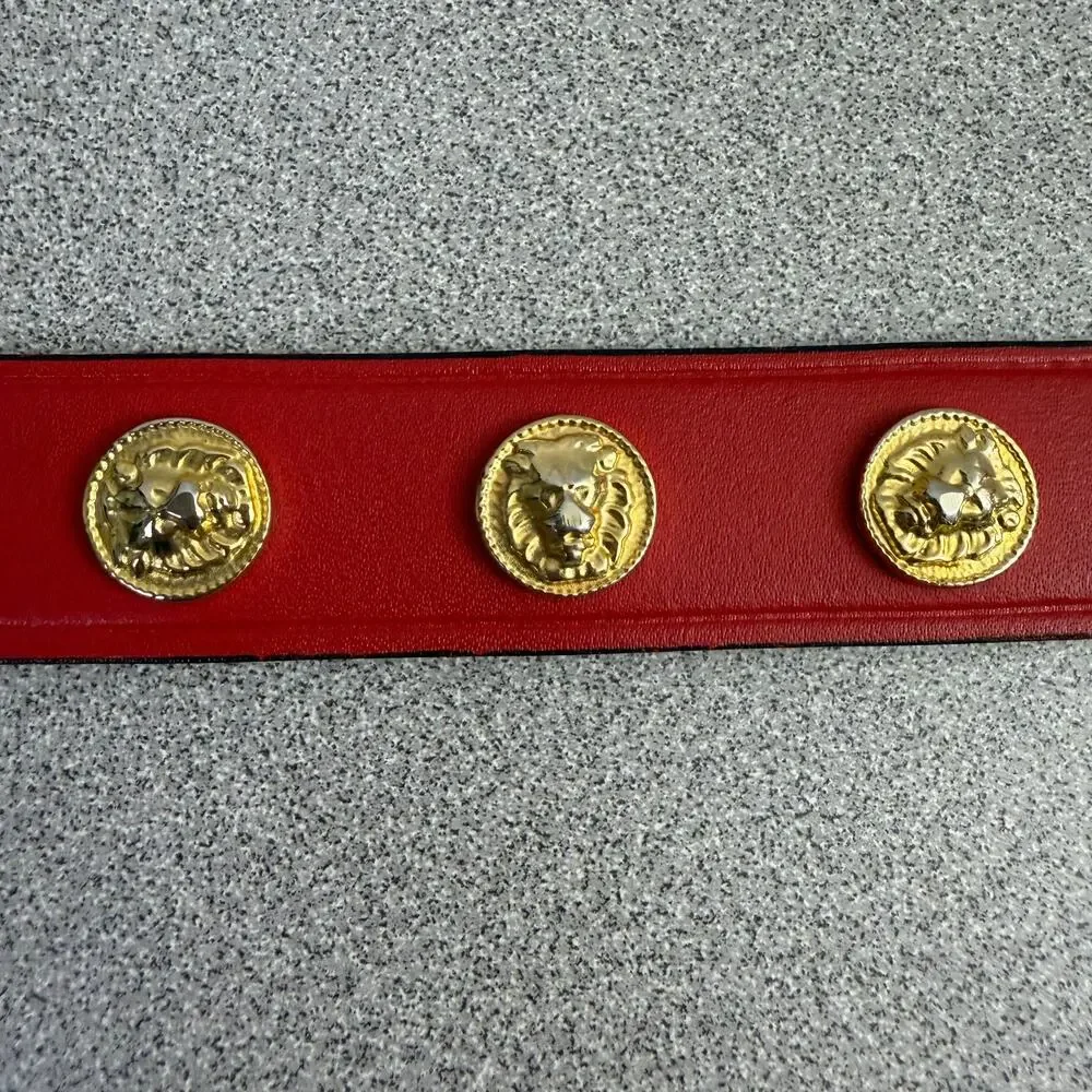 Anne Klein Lion Leather Belt Womens Red Gold Medallion 90s Metal 1" Animals - Picture 7 of 9